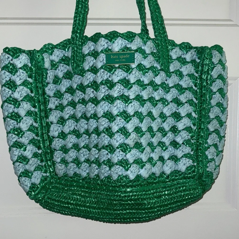 Kate Spade Green and Blue Raffia Tote